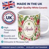 Personalized Custom Name Tropical Hibiscus Flowers Plumeria Leaves Exotic Floral White 11oz Ceramic Coffee Tea Mug White Large Handle