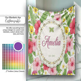 Tropical Hibiscus Flowers Plumeria Leaves Exotic Floral White  Personalised Custom Name Super Soft Fleece Blanket Bed Sofa Throw