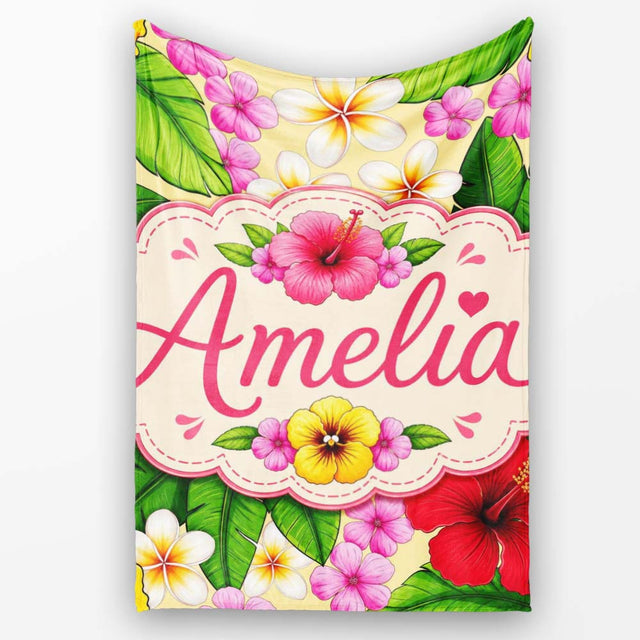 Tropical Hibiscus Flowers Plumeria Leaves Exotic Floral Yellow  Personalised Custom Name Super Soft Fleece Blanket Bed Sofa Throw