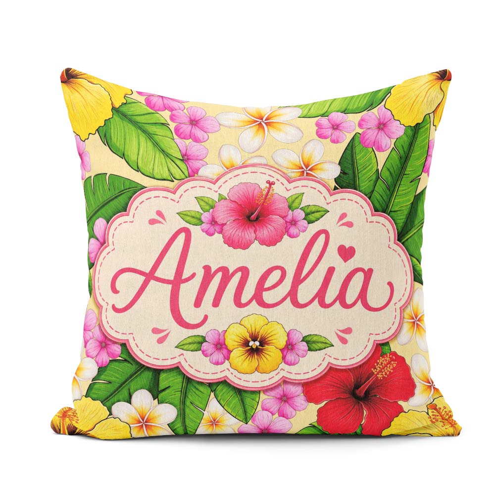 Custom Name Tropical Hibiscus Flowers Plumeria Leaves Exotic Square Filled Cushion Throw Pillow Sofa Bed Home Decor Zip Washable UK Made