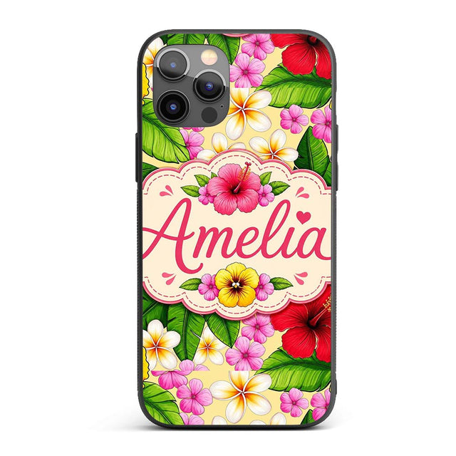 Tropical Hibiscus Flowers Plumeria Leaves Exotic Custom Name Protective Phone Case Mobile Cover Durable Everyday Smartphone Shock Resistant