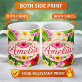 Personalized Custom Name Tropical Hibiscus Flowers Plumeria Leaves Exotic Floral Yellow 11oz Ceramic Coffee Tea Mug White Large Handle