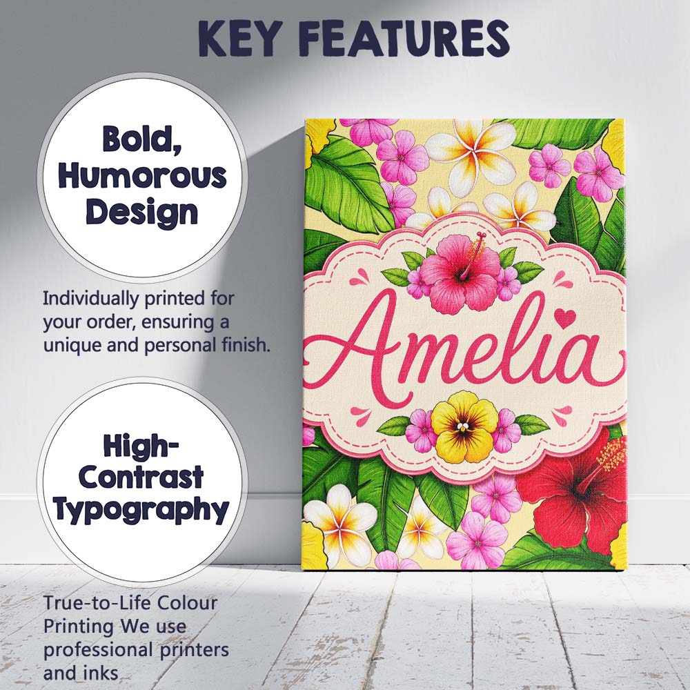Personalised Name Tropical Hibiscus Flowers Custom  Bespoke Interior Contemporary Canvas Wall Art Print Decor Picture Ready to Hang