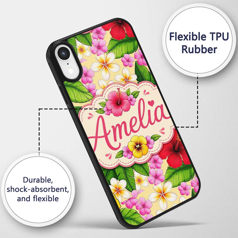 Tropical Hibiscus Flowers Plumeria Leaves Exotic Custom Name Protective Phone Case Mobile Cover Durable Everyday Smartphone Shock Resistant