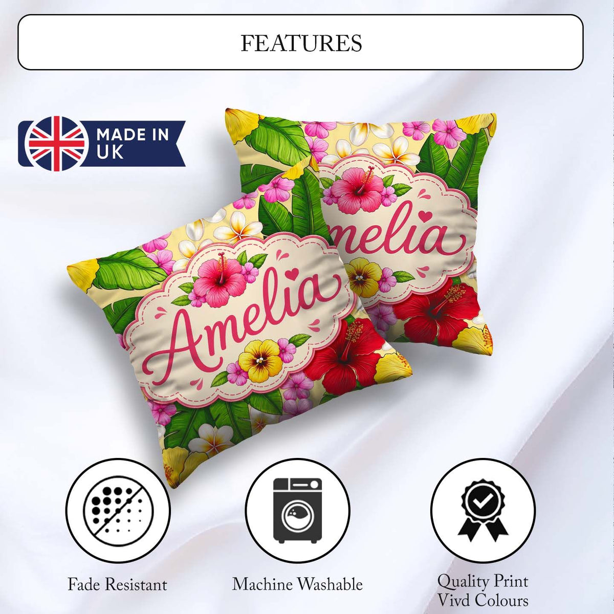 Custom Name Tropical Hibiscus Flowers Plumeria Leaves Exotic Square Filled Cushion Throw Pillow Sofa Bed Home Decor Zip Washable UK Made