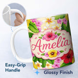 Personalized Custom Name Tropical Hibiscus Flowers Plumeria Leaves Exotic Floral Yellow 11oz Ceramic Coffee Tea Mug White Large Handle