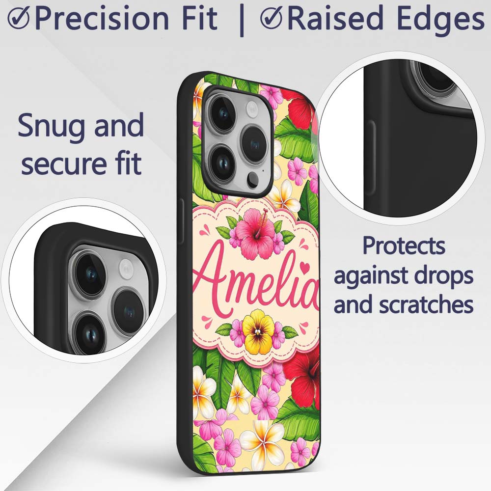 Tropical Hibiscus Flowers Plumeria Leaves Exotic Custom Name Protective Phone Case Mobile Cover Durable Everyday Smartphone Shock Resistant