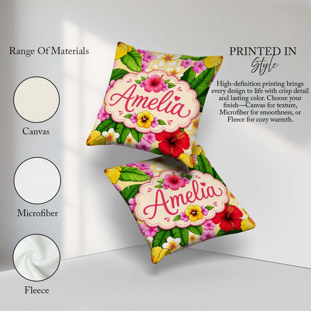 Custom Name Tropical Hibiscus Flowers Plumeria Leaves Exotic Square Filled Cushion Throw Pillow Sofa Bed Home Decor Zip Washable UK Made