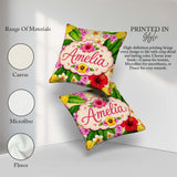 Custom Name Tropical Hibiscus Flowers Plumeria Leaves Exotic Square Filled Cushion Throw Pillow Sofa Bed Home Decor Zip Washable UK Made