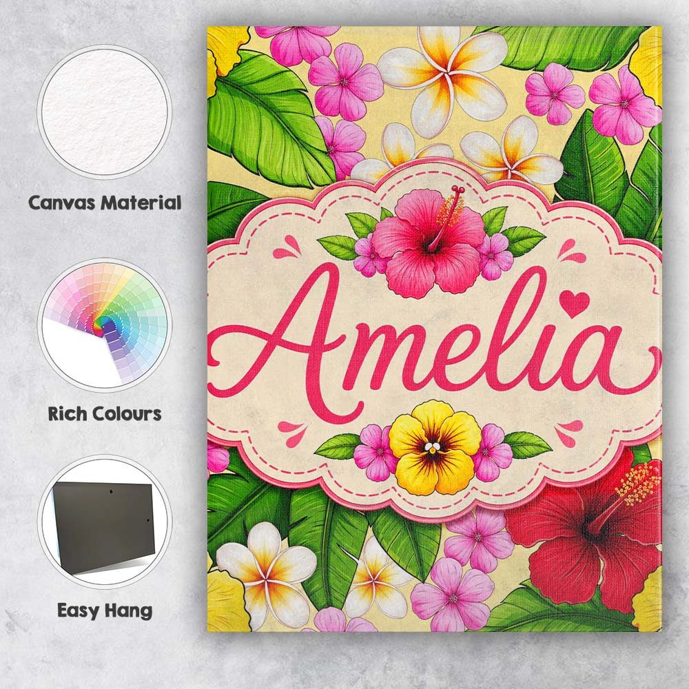 Personalised Name Tropical Hibiscus Flowers Custom  Bespoke Interior Contemporary Canvas Wall Art Print Decor Picture Ready to Hang