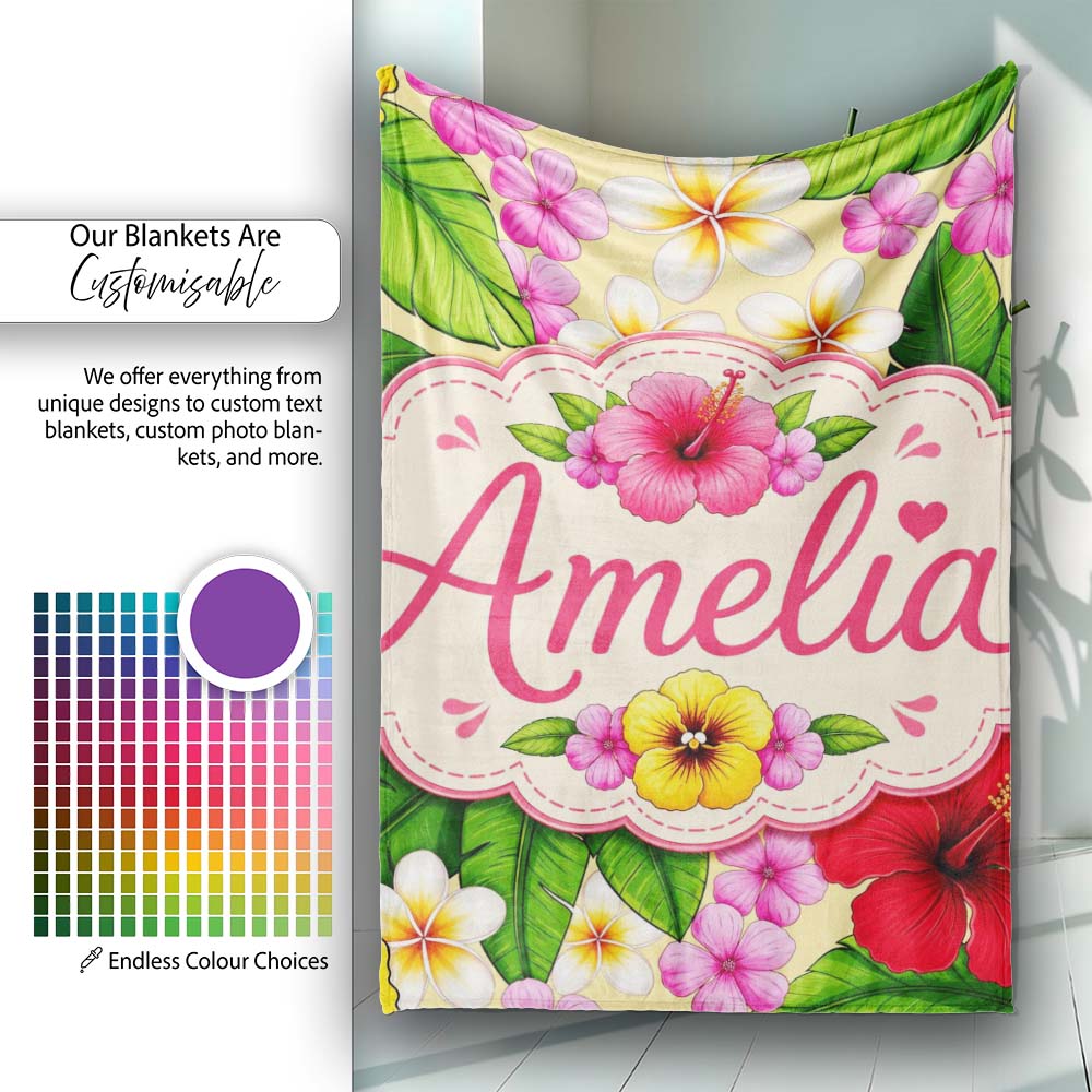 Tropical Hibiscus Flowers Plumeria Leaves Exotic Floral Yellow  Personalised Custom Name Super Soft Fleece Blanket Bed Sofa Throw