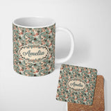 Personalized Custom Name Elegant Woman Teal Hair Floral Artistic Pattern Stylish Everyday Mug 11oz Ceramic Coffee Tea Mug White Large Handle
