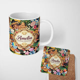 Personalized Custom Name Cute Hawaiian Kids Tiki Mask Pineapple Beach Fun Seamless Pattern 11oz Ceramic Coffee Tea Mug White Large Handle
