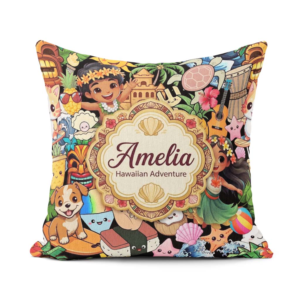 Custom Name Hawaiian Kids Tiki Mask Pineapple Beach Fun Seamless Square Filled Cushion Throw Pillow Sofa Bed Home Decor Zip Washable UK Made