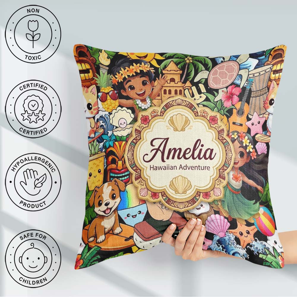 Custom Name Hawaiian Kids Tiki Mask Pineapple Beach Fun Seamless Square Filled Cushion Throw Pillow Sofa Bed Home Decor Zip Washable UK Made