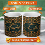 Personalized Custom Name Luxury Ornate Baroque Floral Tile Pattern in Gold on Deep Teal 11oz Ceramic Coffee Tea Mug White Large Handle