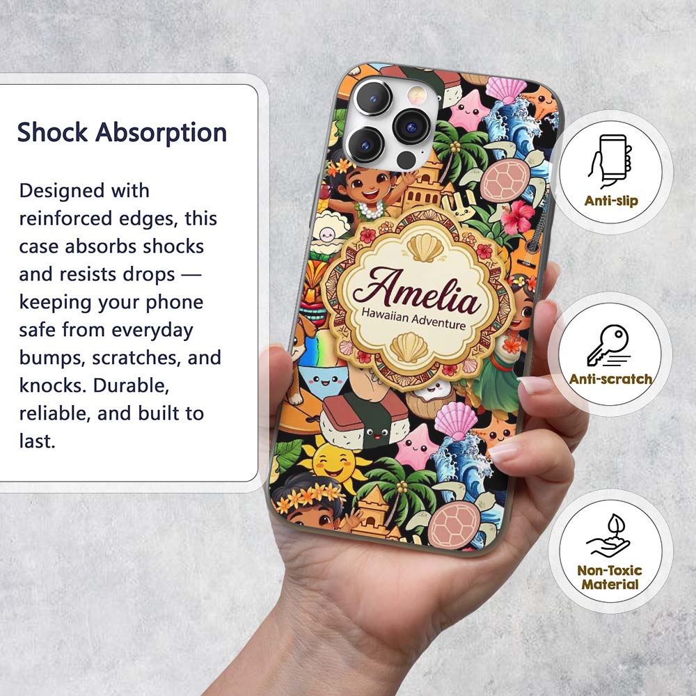 Cute Hawaiian Kids Tiki Mask Pineapple Beach Fun Custom Name Protective Phone Case Mobile Cover Durable Everyday Smartphone Shock Resistant