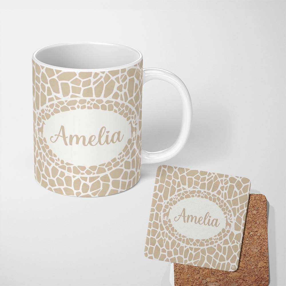 Personalized Custom Name Abstract Giraffe Print Pattern in Soft Beige and White Organic 11oz Ceramic Coffee Tea Mug White Large Handle