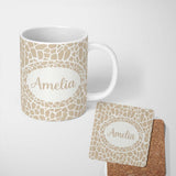 Personalized Custom Name Abstract Giraffe Print Pattern in Soft Beige and White Organic 11oz Ceramic Coffee Tea Mug White Large Handle