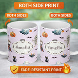 Personalized Custom Name Halloween Zombie Mummy Vampire and Bat Characters Purple Background 11oz Ceramic Coffee Tea Mug White Large Handle