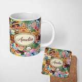 Personalized Custom Name Cute Hawaiian Kids Tiki Mask Pineapple Blue Background Seamless 11oz Ceramic Coffee Tea Mug White Large Handle