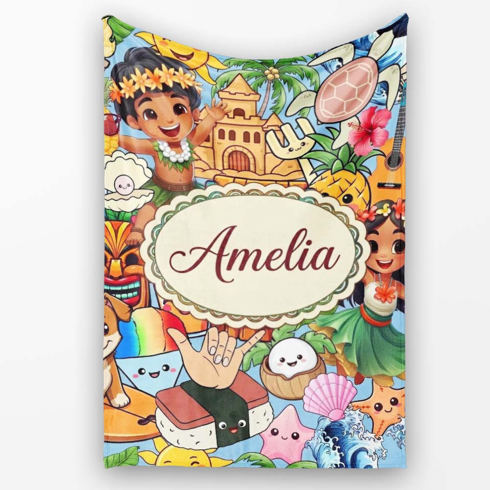 Cute Hawaiian Kids Tiki Mask Pineapple Blue Background Seamless  Personalised Custom Name Super Soft Fleece Blanket Bed Sofa Throw