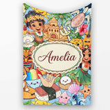 Cute Hawaiian Kids Tiki Mask Pineapple Blue Background Seamless  Personalised Custom Name Super Soft Fleece Blanket Bed Sofa Throw