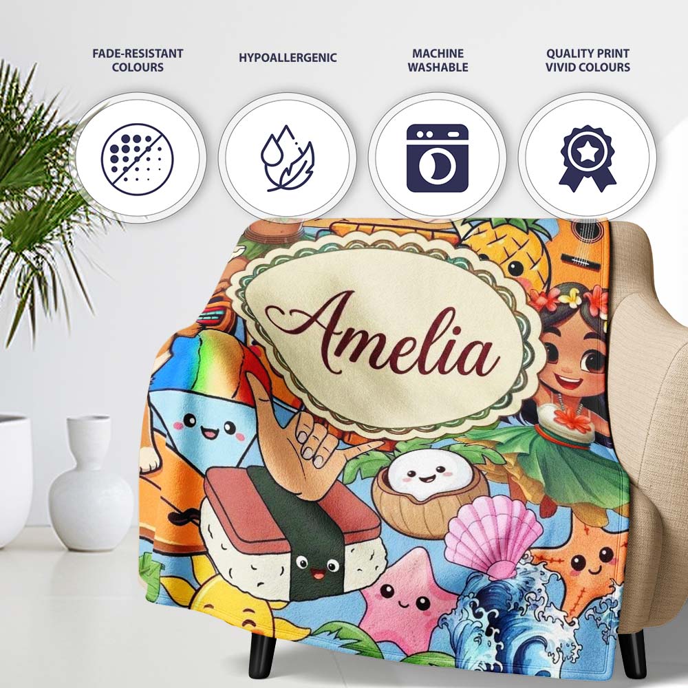 Cute Hawaiian Kids Tiki Mask Pineapple Blue Background Seamless  Personalised Custom Name Super Soft Fleece Blanket Bed Sofa Throw