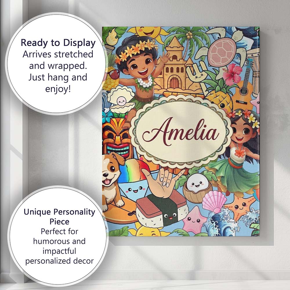 Personalised Name Cute Hawaiian Kids Tiki Custom  Unique Gift Idea Elegant Feature Canvas Wall Art Print Decor Picture Ready to Hang