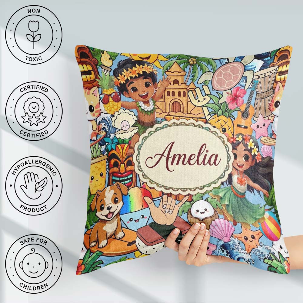 Custom Name Cute Hawaiian Kids Tiki Mask Pineapple Blue Seamless Square Filled Cushion Throw Pillow Sofa Bed Home Decor Zip Washable UK Made