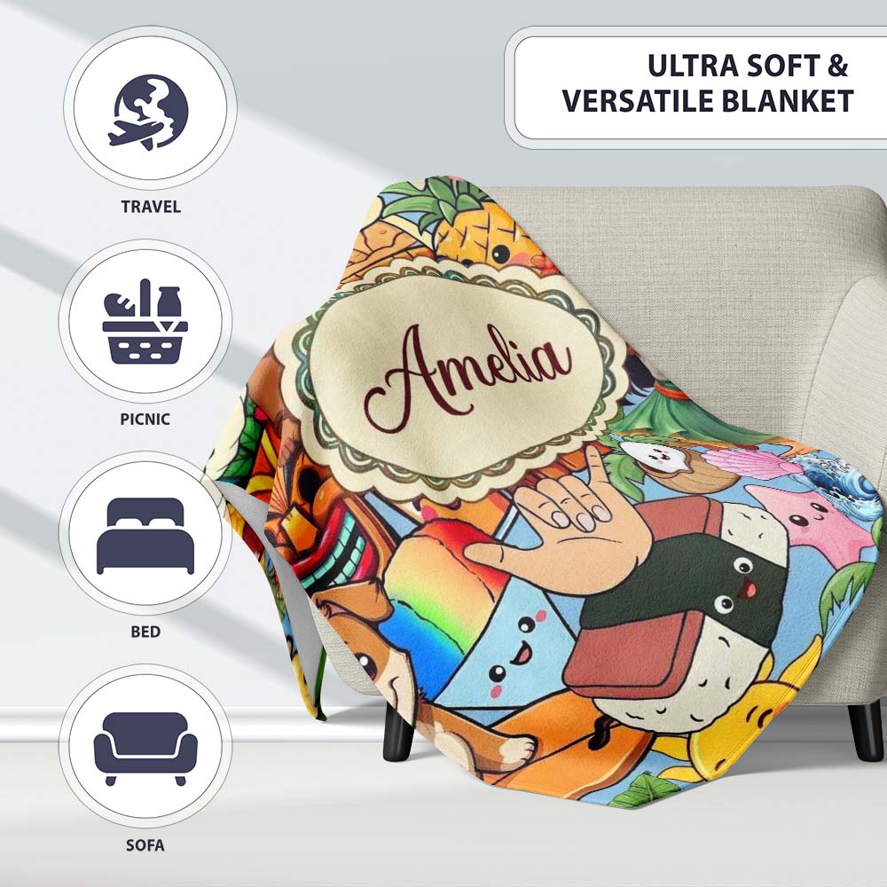 Cute Hawaiian Kids Tiki Mask Pineapple Blue Background Seamless  Personalised Custom Name Super Soft Fleece Blanket Bed Sofa Throw