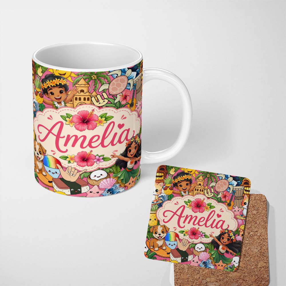 Personalized Custom Name Cute Hawaiian Kids Tiki Mask Pineapple Pink Background Seamless 11oz Ceramic Coffee Tea Mug White Large Handle