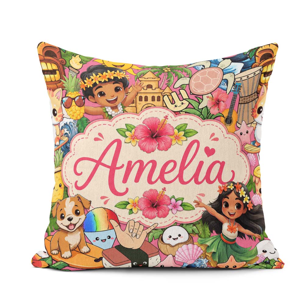 Custom Name Cute Hawaiian Kids Tiki Mask Pineapple Pink Seamless Square Filled Cushion Throw Pillow Sofa Bed Home Decor Zip Washable UK Made