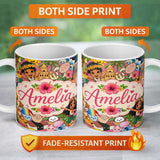 Personalized Custom Name Cute Hawaiian Kids Tiki Mask Pineapple Pink Background Seamless 11oz Ceramic Coffee Tea Mug White Large Handle