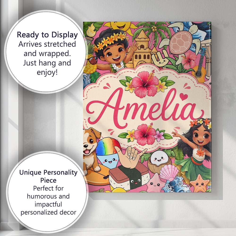Personalised Name Cute Hawaiian Kids Tiki Custom  Unique Gift Idea Elegant Feature Canvas Wall Art Print Decor Picture Ready to Hang