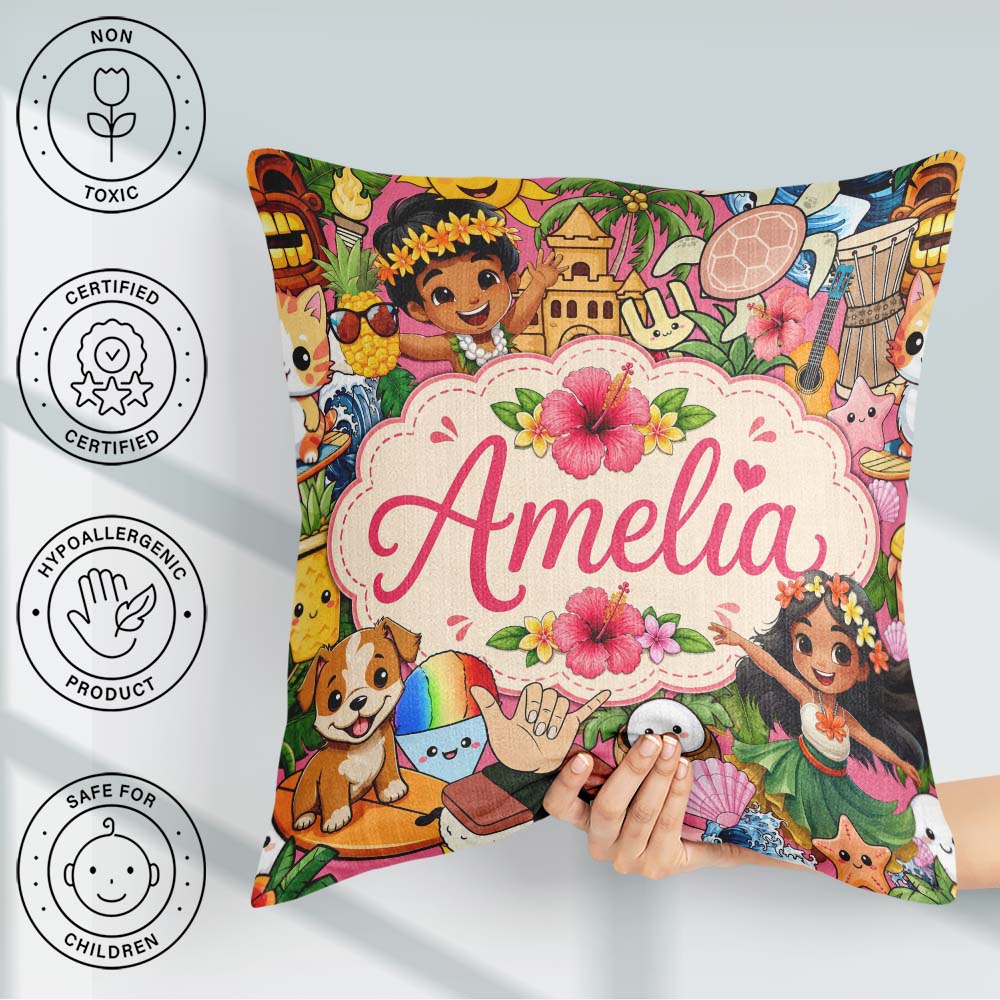 Custom Name Cute Hawaiian Kids Tiki Mask Pineapple Pink Seamless Square Filled Cushion Throw Pillow Sofa Bed Home Decor Zip Washable UK Made