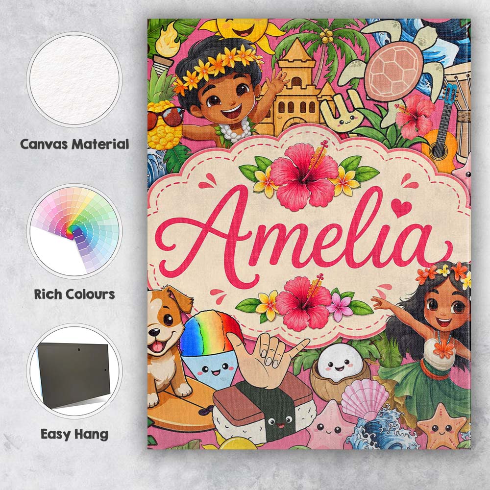 Personalised Name Cute Hawaiian Kids Tiki Custom  Unique Gift Idea Elegant Feature Canvas Wall Art Print Decor Picture Ready to Hang