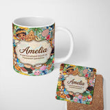Personalized Custom Name Cute Hawaiian Kids Tiki Mask Pineapple Teal Background Seamless 11oz Ceramic Coffee Tea Mug White Large Handle