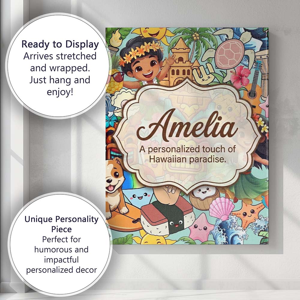 Personalised Name Cute Hawaiian Kids Tiki Custom  Unique Gift Idea Elegant Feature Canvas Wall Art Print Decor Picture Ready to Hang