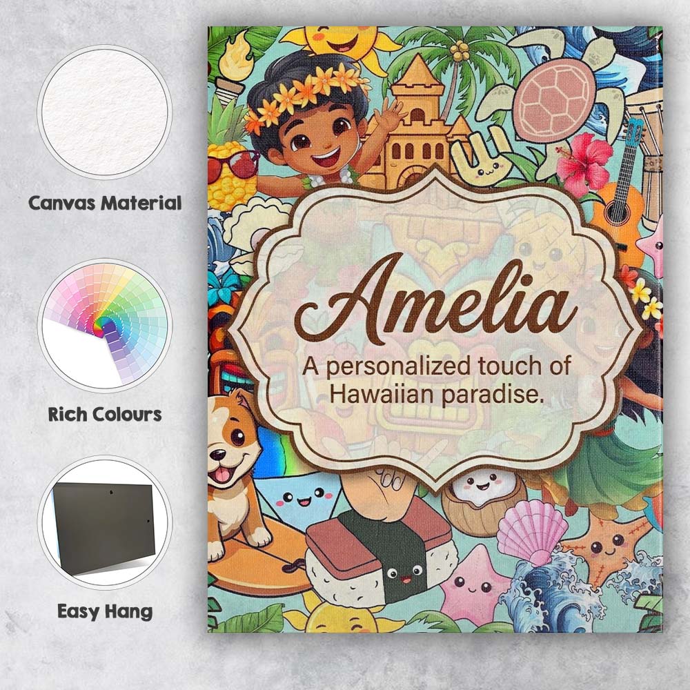 Personalised Name Cute Hawaiian Kids Tiki Custom  Unique Gift Idea Elegant Feature Canvas Wall Art Print Decor Picture Ready to Hang