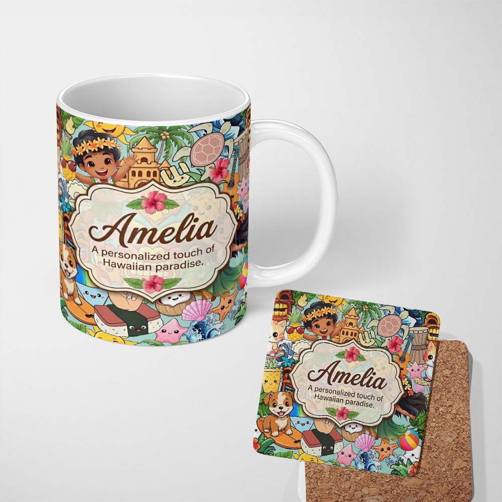 Personalized Custom Name Cute Hawaiian Kids Tiki Mask Pineapple Purple Background Seamless 11oz Ceramic Coffee Tea Mug White Large Handle