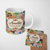 Personalized Custom Name Cute Hawaiian Kids Tiki Mask Pineapple Purple Background Seamless 11oz Ceramic Coffee Tea Mug White Large Handle