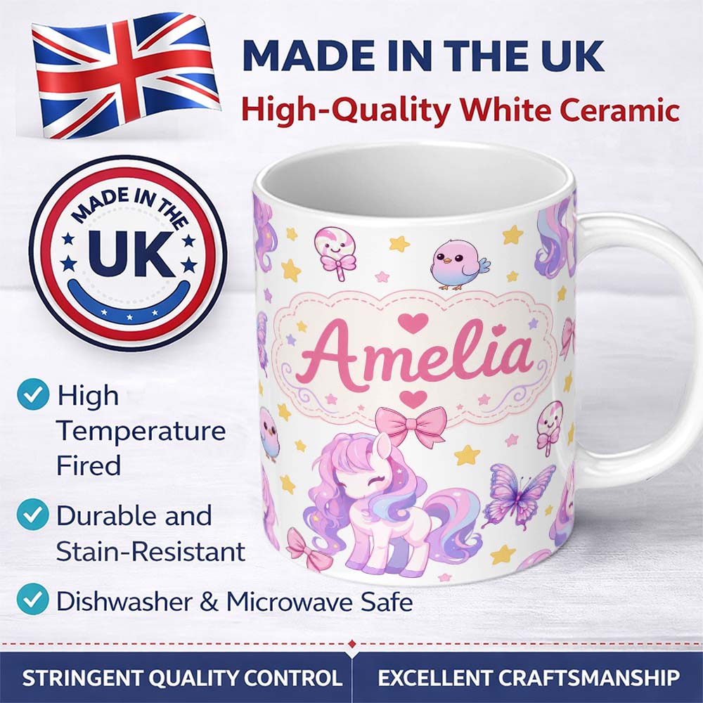Personalized Custom Name Cute Pastel Unicorn Butterfly Candy Stars Light Grey Background 11oz Ceramic Coffee Tea Mug White Large Handle