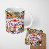 Personalized Custom Name Cute Hawaiian Kids Tiki Mask Pineapple Seamless Pattern Name Unique 11oz Ceramic Coffee Tea Mug White Large Handle