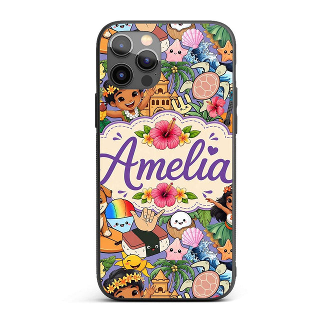 Cute Hawaiian Kids Tiki Mask Pineapple Seamless Custom Name Protective Phone Case Mobile Cover Durable Everyday Smartphone Shock Resistant