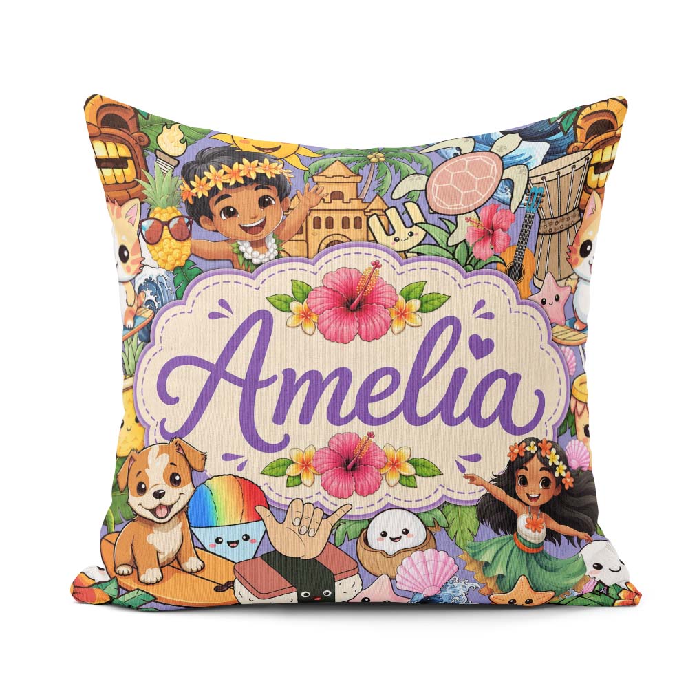 Custom Name Cute Hawaiian Kids Tiki Mask Pineapple Seamless Name Square Filled Cushion Throw Pillow Sofa Bed Home Decor Zip Washable UK Made