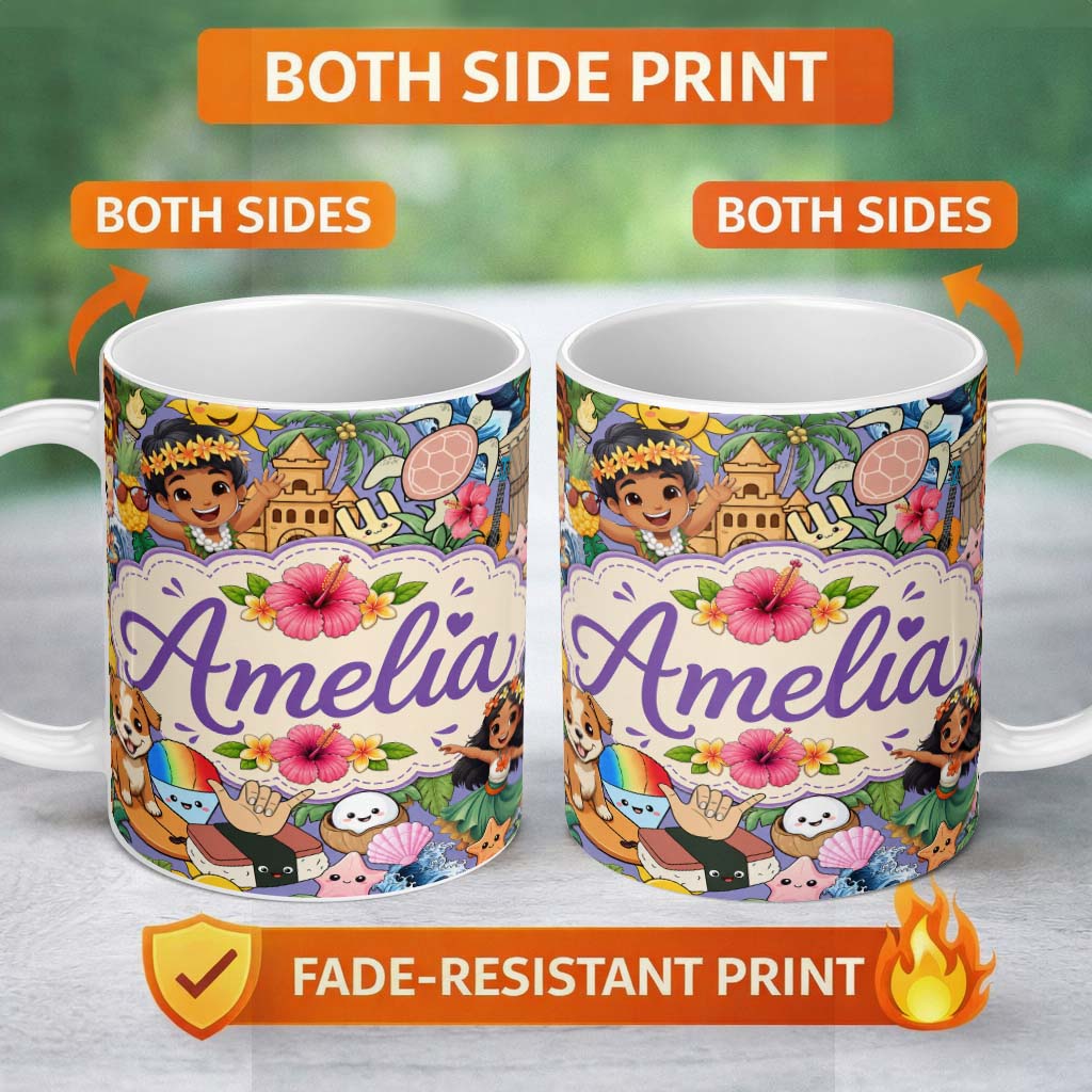 Personalized Custom Name Cute Hawaiian Kids Tiki Mask Pineapple Seamless Pattern Name Unique 11oz Ceramic Coffee Tea Mug White Large Handle