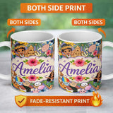 Personalized Custom Name Cute Hawaiian Kids Tiki Mask Pineapple Seamless Pattern Name Unique 11oz Ceramic Coffee Tea Mug White Large Handle