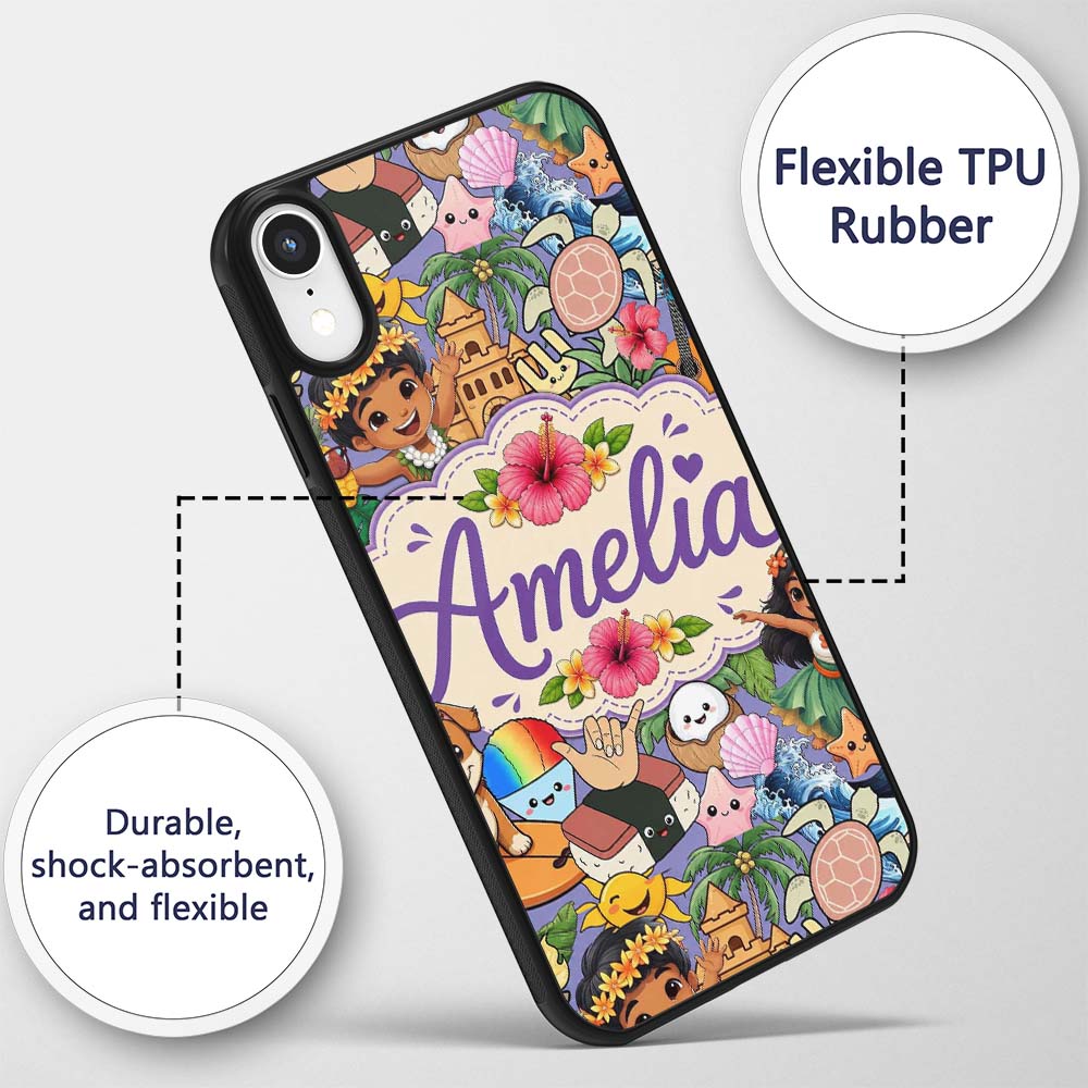 Cute Hawaiian Kids Tiki Mask Pineapple Seamless Custom Name Protective Phone Case Mobile Cover Durable Everyday Smartphone Shock Resistant