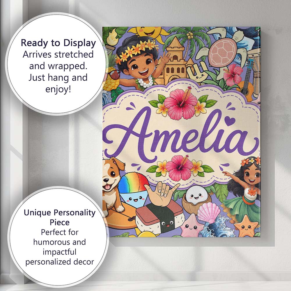Personalised Name Cute Hawaiian Kids Tiki Custom  Unique Gift Idea Elegant Feature Canvas Wall Art Print Decor Picture Ready to Hang